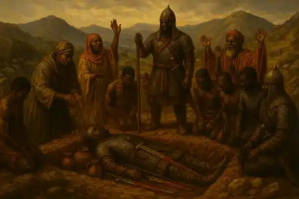 ChatGPT Image 9 mai 2025, 01_16_ L'enterrement de Soumaoro Kanté avant la bataille de Kirina.