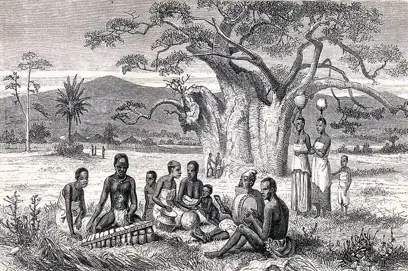 Femmes écoutant du marimba en Afrique précoloniale. 
