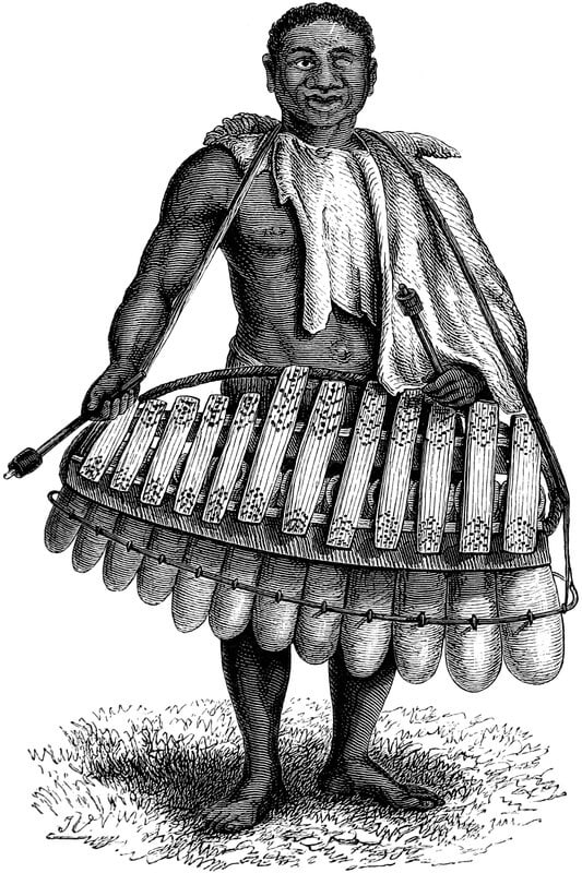 Musicien avec une marimba en Afrique précoloniale. 