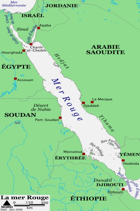 Carte représentant la traite négrière de la mer Rouge. 